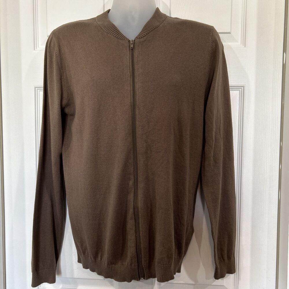 Asos Brown Cotton Full Zip Fine Knit Cardigan Sweater Men's L Preppy Business
